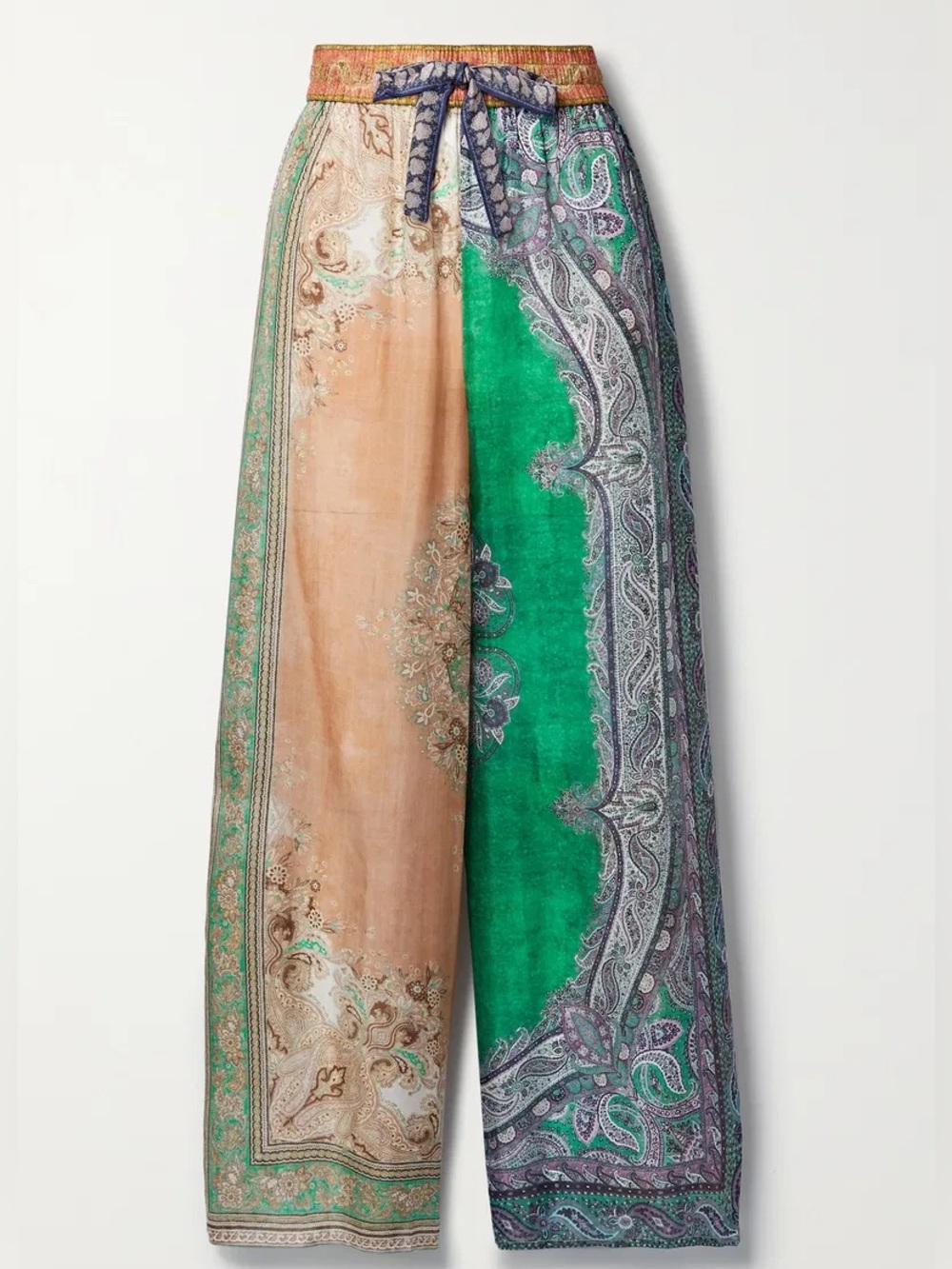 Zimmermann Paisley Wide-Leg Silk Pants in Peach & Emerald
